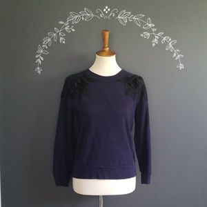 Navy Sweatshirt with Black Flower Applique J Crew